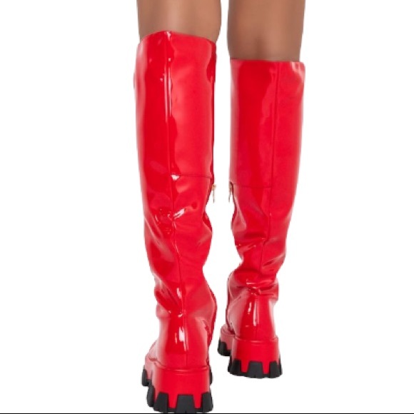 Dolls Kill Firehouse Red Patent Leather Tall Slouchy Knee High Chunky Sole Boots - Picture 3 of 4